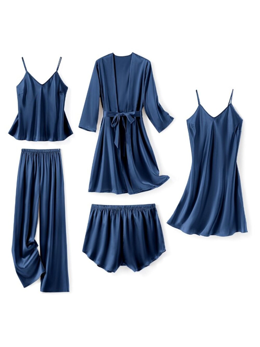 Satin 5 Piece Pajama Set Robe Nightgown Cami Sleepwear Lounge Set